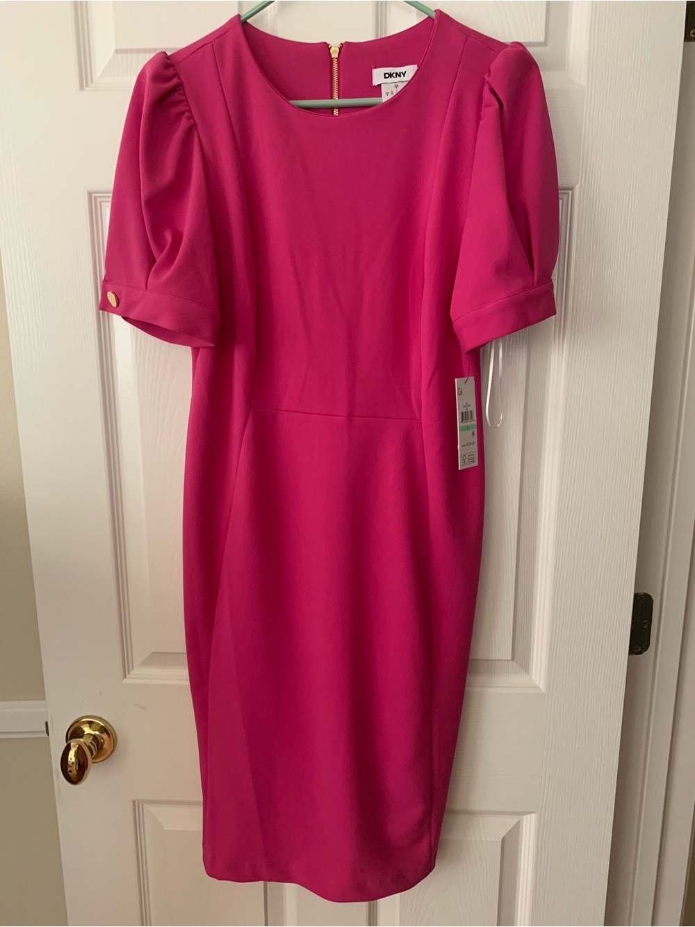 NWT DKNY Shift Dress: Pink, Crewneck, Short Puff Sleeve, Gold Back Zip Unlined 8